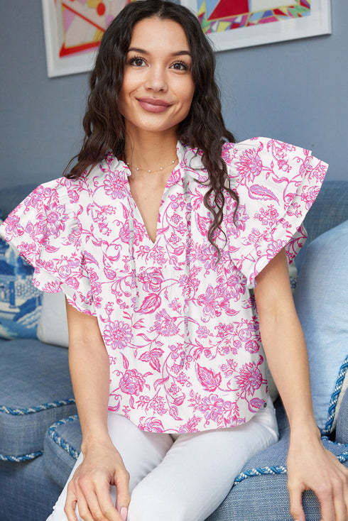 Baroque Floral Flutter Sleeve Split Neck Tie Detail Blouse